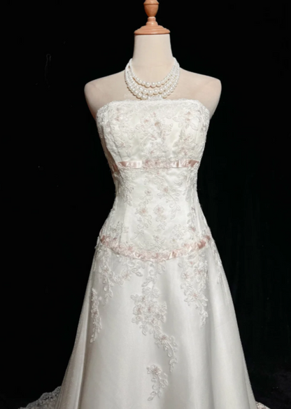 Classy White Prom Dress, Strapless A-Line Satin Applique Long Evening Dress DP05774