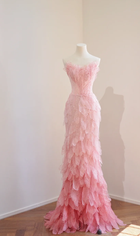 Robe de bal rose élégante, robe de soirée longue sirène bustier en tulle brodé DP05775