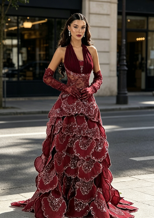 Robe de bal élégante bordeaux, licou ligne A à paillettes en tulle, longue robe de soirée DP05777