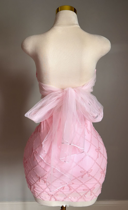 Robe de soirée rose glamour, robe cocktail fourreau bustier, robe de bal en tulle ornée de perles DP05782