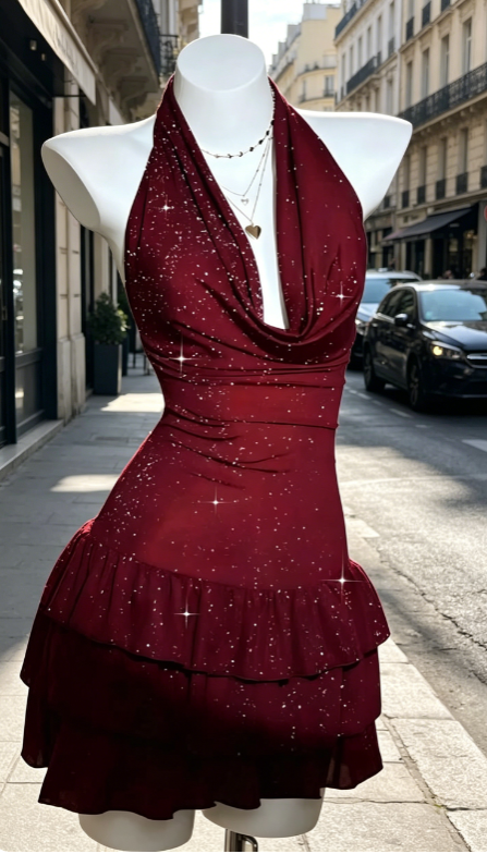 Elegantes burgunderrotes Geburtstagskleid, Neckholder-Scheiden-Cocktailkleid aus Satin, Heimkehrkleid DP05784