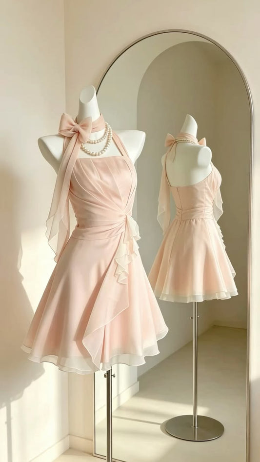 Glamouröses pinkes Geburtstagskleid, Neckholder-A-Linien-Cocktailkleid Chiffon-Heimkehrkleid DP05786