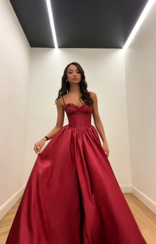 Robe de bal de promo chic couleur bordeaux, bretelles spaghetti, robe de soirée longue en satin coupe trapèze DP05791