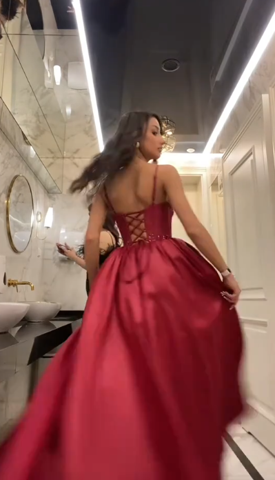 Robe de bal de promo chic couleur bordeaux, bretelles spaghetti, robe de soirée longue en satin coupe trapèze DP05791