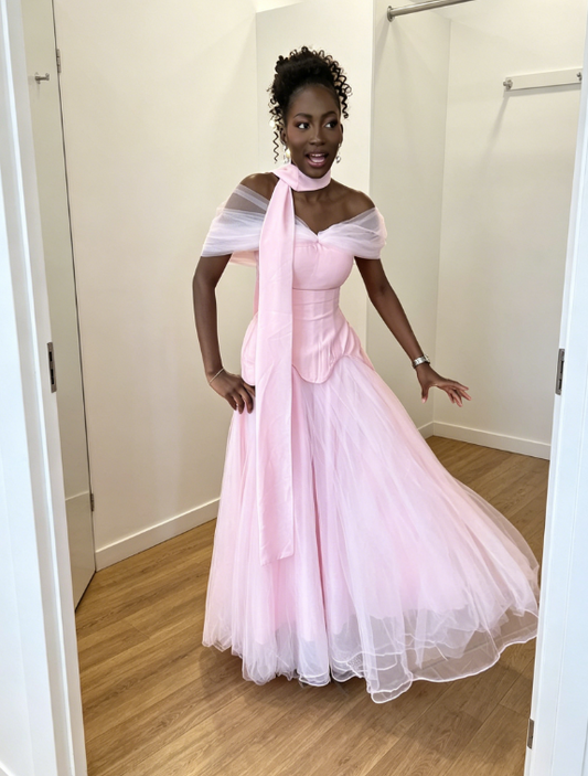Robe de bal rose chic, robe de soirée longue en tulle fourreau épaules dénudées DP05792
