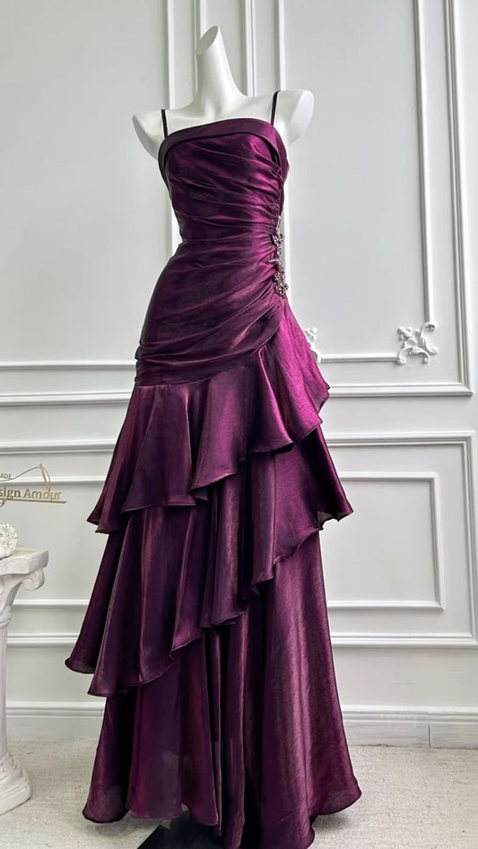Robe de bal chic violette, robe longue de soirée fourreau en mousseline à bretelles spaghetti DP05793