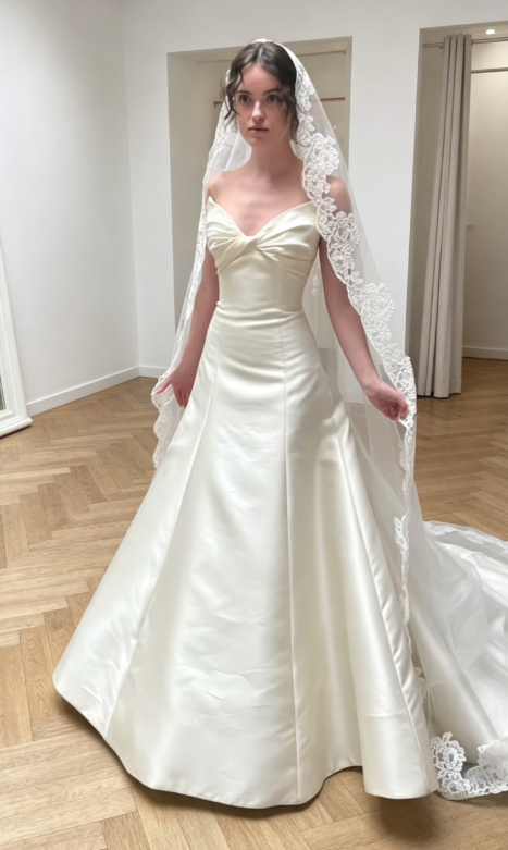 Robe de mariée trapèze élégante avec appliqués en satin, robe de mariée blanche DP05795