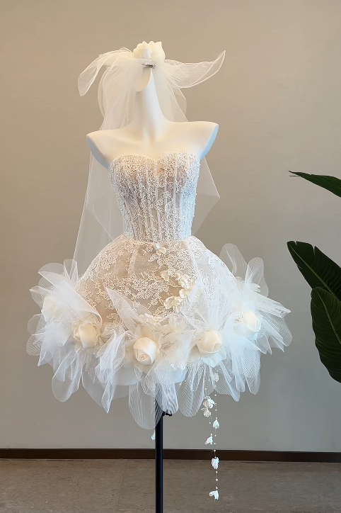 Robe de mariée sans bretelles trapèze élégante en dentelle appliquée DP05796
