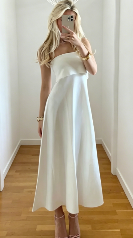 Simple White Vacation Dress Strapless Wedding Guest Dress Sheath Chiffon Formal Dress DP05800