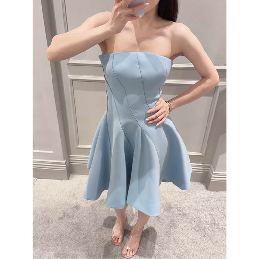 Chic Pale Blue Homecoming Dress Strapless A-Line Satin Short Prom Dress Sleeveless Graduation Party Dress DP05804