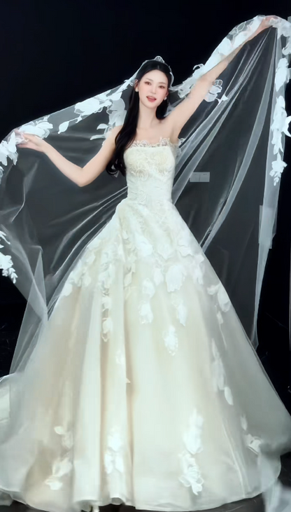 Robe de mariée modeste bustier trapèze en tulle avec appliques Robe de mariée blanche DP05822