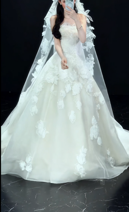 Robe de mariée modeste bustier trapèze en tulle avec appliques Robe de mariée blanche DP05822