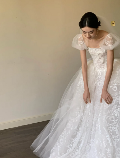 Modest Square A-Line Wedding Dress Lace Applique Bridal Gown White Bridal Dress DP05823