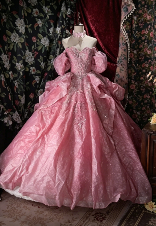 Magnifique Robe de Bal en Tulle pour Quinceañera avec Appliqués Rose Doux Robe de Soirée DP05831