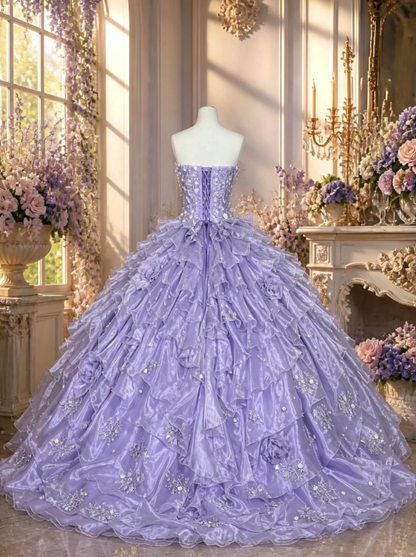 Gorgeous Strapless Ball Gown Tulle Quinceanera Dress Applique Light Purple Sweet 16 Dress DP05832