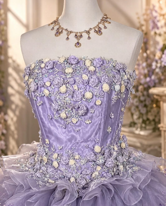 Magnifique Robe de Bal Bustier en Tulle, Robe de Quinceañera Appliquée Lilas, Robe de Soirée 16 Ans DP05832
