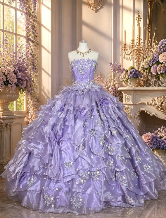 Gorgeous Strapless Ball Gown Tulle Quinceanera Dress Applique Light Purple Sweet 16 Dress DP05832