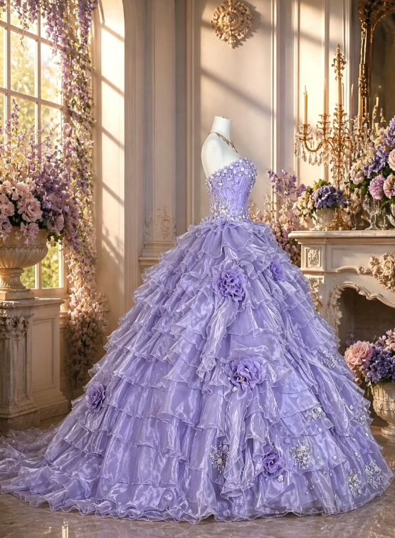 Gorgeous Strapless Ball Gown Tulle Quinceanera Dress Applique Light Purple Sweet 16 Dress DP05832