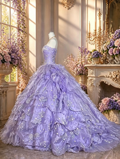 Gorgeous Strapless Ball Gown Tulle Quinceanera Dress Applique Light Purple Sweet 16 Dress DP05832