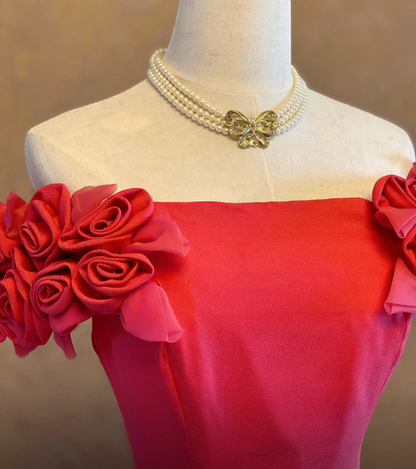 Robe de soirée longue en mousseline de soie élégante sirène épaule dénudée rose robe de mère de la mariée DP05833