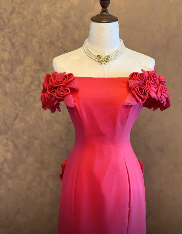 Robe de soirée longue en mousseline de soie élégante sirène épaule dénudée rose robe de mère de la mariée DP05833