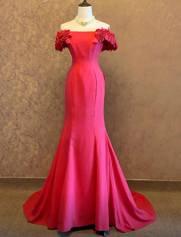 Robe de soirée longue en mousseline de soie élégante sirène épaule dénudée rose robe de mère de la mariée DP05833