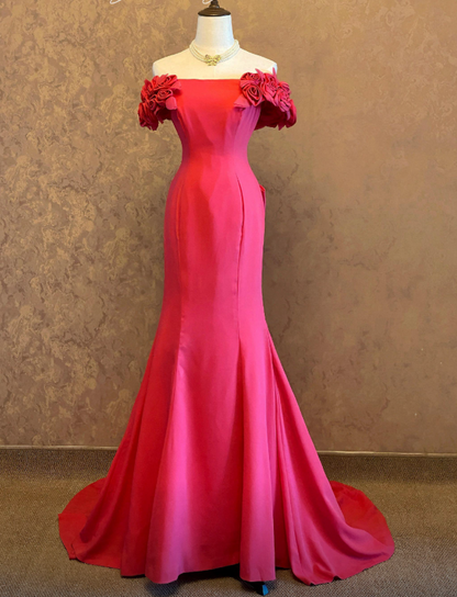Robe de soirée longue en mousseline de soie élégante sirène épaule dénudée rose robe de mère de la mariée DP05833