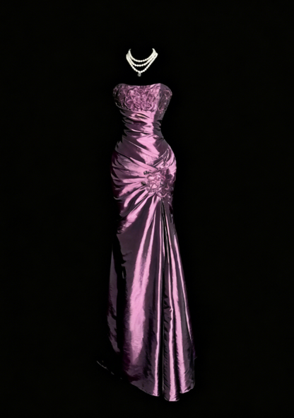 Elegant Strapless Mermaid Satin Long Evening Dress Purple Mother Of Bride Dress DP05835