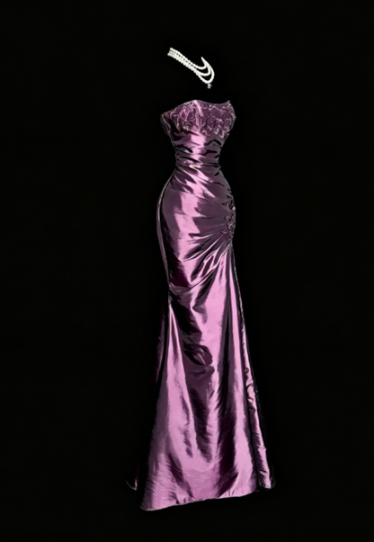 Elegant Strapless Mermaid Satin Long Evening Dress Purple Mother Of Bride Dress DP05835