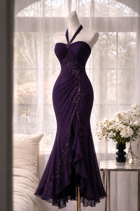 Elegant Halter Mermaid Chiffon Beaded Long Evening Dress Purple Mother Of Bride Dress DP05836