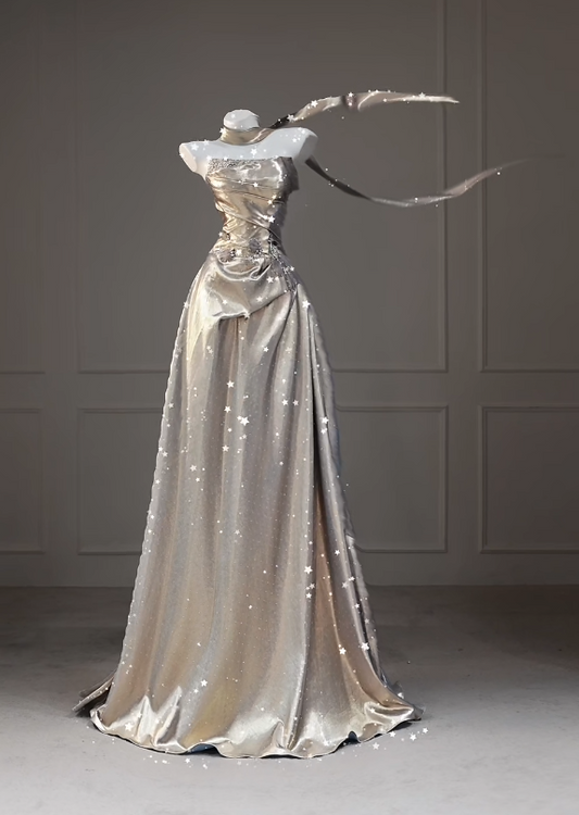 Élégante Robe de Soirée Longue en Satin Métallique sans Bretelles Coupe Trapèze DP05838
