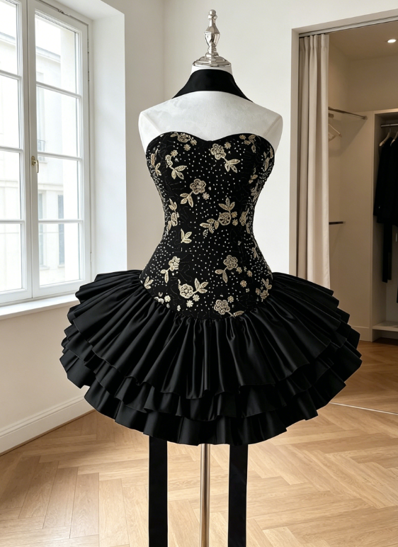 Sweet Black Short Homecoming Dress Strapless Sheath Satin Birthday Dress Sleeveless Party Dress DP05848