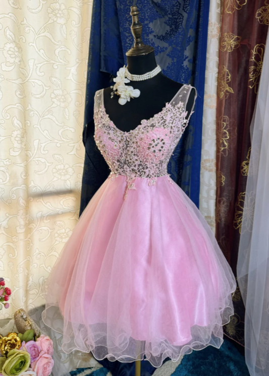 Chic Pink Short Homecoming Dress V-neck A-Line Tulle Birthday Dress Sleeveless Party Dress  DP05859