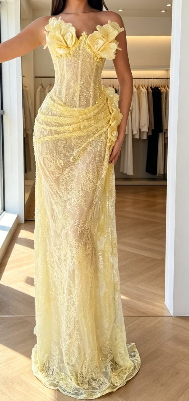 Robe de bal chic jaune bustier sirène dentelle longue robe de soirée DP05868