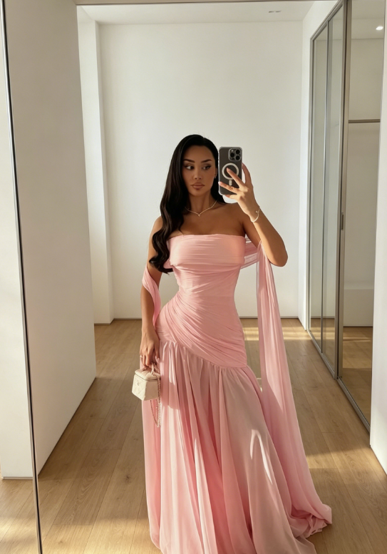Chic Pink Wedding Guest Dress Off-shoulder Sheath Chiffon Long Evening Dress DP05869