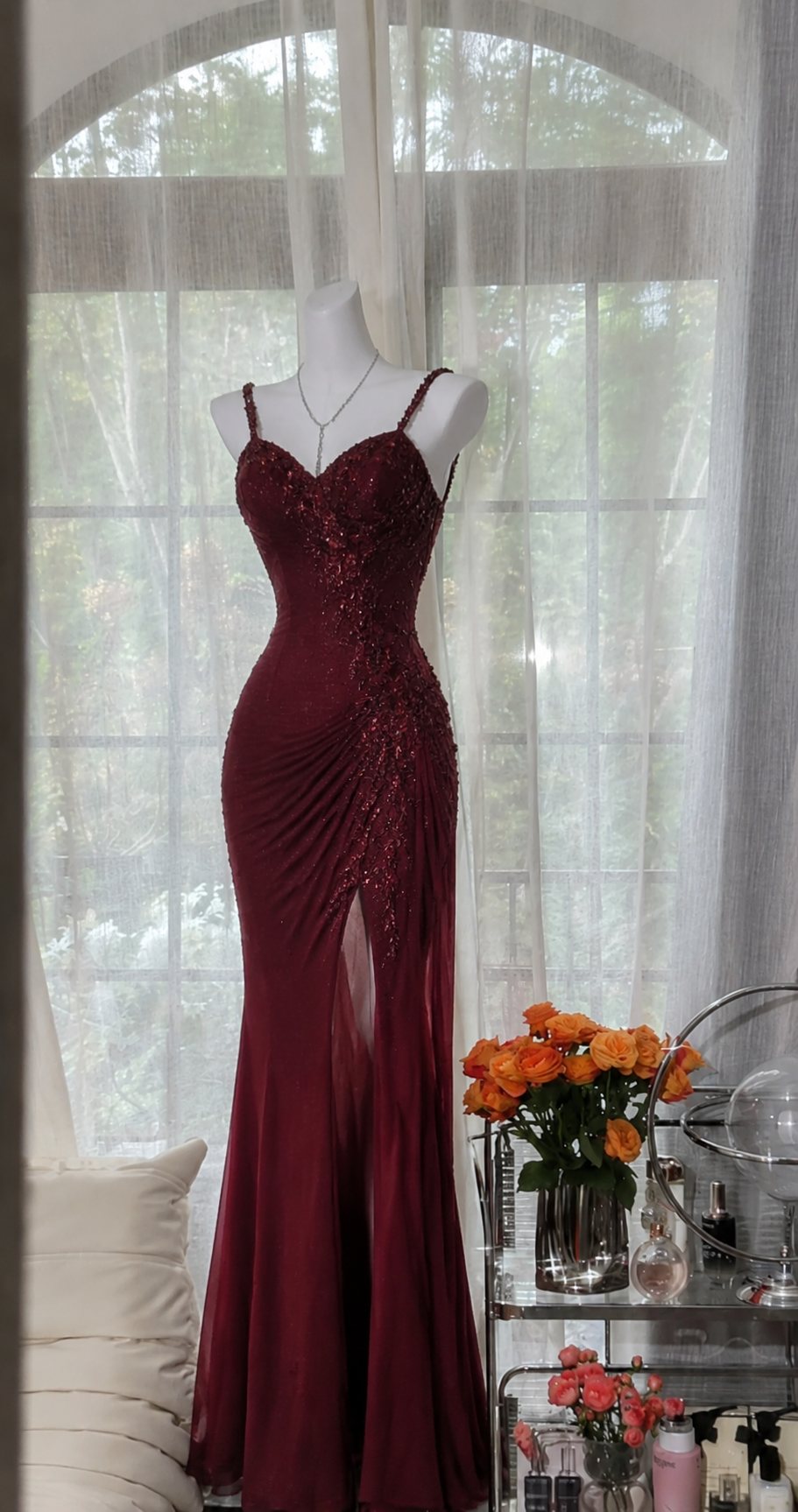 Simple Burgundy Prom Dress Spaghetti Straps Sheath Beaded Chiffon Long Evening Dress DP05872