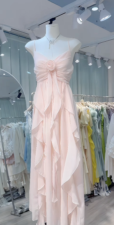 Simple Pink Wedding Guest Dress Spaghetti Straps Sheath Chiffon Long Evening Dress DP05873
