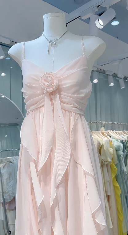Simple Pink Wedding Guest Dress Spaghetti Straps Sheath Chiffon Long Evening Dress DP05873