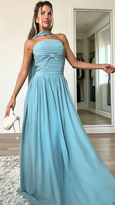 Einfaches blaues trägerloses Etui Abendkleid aus Chiffon für Hochzeitsgäste, lang, DP05874