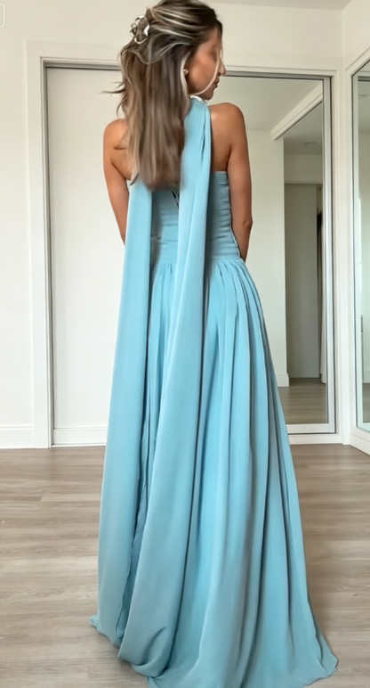 Einfaches blaues trägerloses Etui Abendkleid aus Chiffon für Hochzeitsgäste, lang, DP05874