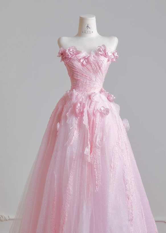 Wunderschönes pinkes Sweet Sixteen Kleid, trägerloses langes Abendkleid, A-Linien Tüll-Ballkleid DP05875