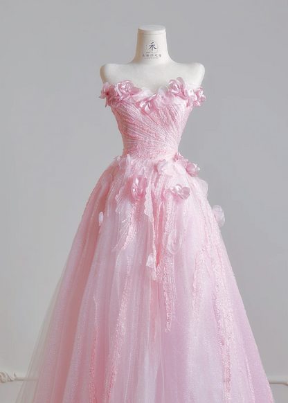 Wunderschönes pinkes Sweet Sixteen Kleid, trägerloses langes Abendkleid, A-Linien Tüll-Ballkleid DP05875