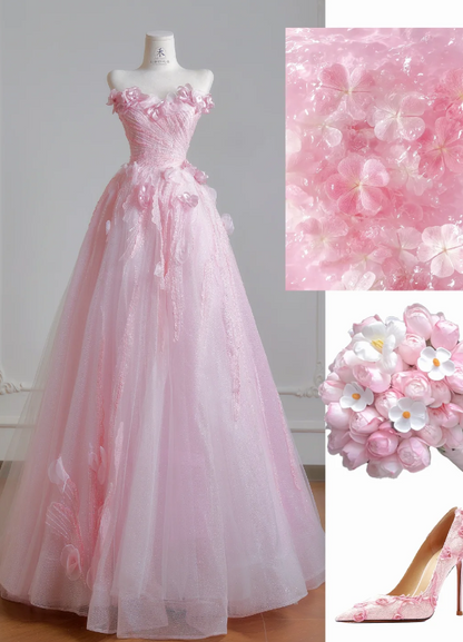 Wunderschönes pinkes Sweet Sixteen Kleid, trägerloses langes Abendkleid, A-Linien Tüll-Ballkleid DP05875