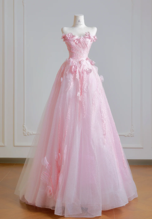 Wunderschönes pinkes Sweet Sixteen Kleid, trägerloses langes Abendkleid, A-Linien Tüll-Ballkleid DP05875