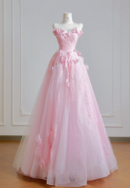 Wunderschönes pinkes Sweet Sixteen Kleid, trägerloses langes Abendkleid, A-Linien Tüll-Ballkleid DP05875