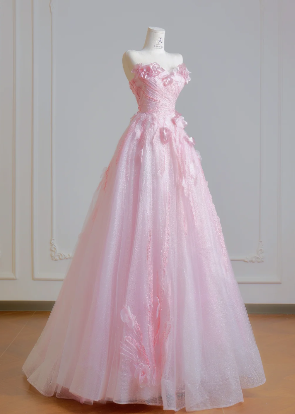 Wunderschönes pinkes Sweet Sixteen Kleid, trägerloses langes Abendkleid, A-Linien Tüll-Ballkleid DP05875