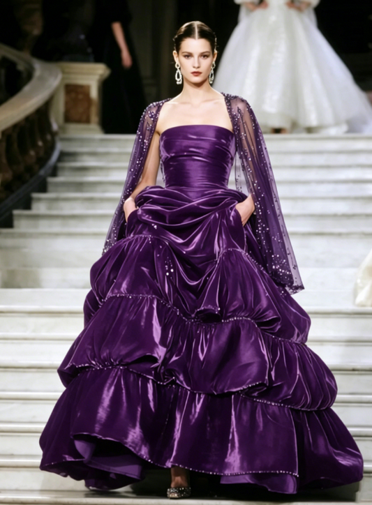 Wunderschönes lila Sweet 16 Kleid Trägerloses langes Abendkleid A-Linie Satin Ballkleid DP05877