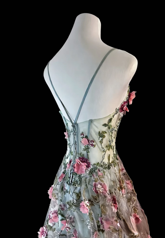 Gorgeous Green Sweet 16 Dress Spaghetti Straps Long Evening Dress A-Line Tulle Applique Prom Dress DP05878