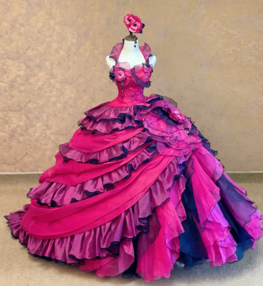 Wunderschönes heißpinkes Sweet 16 Kleid Neckholder Langes Abendkleid Ballkleid Tüll Applikation Abschlussballkleid DP05879