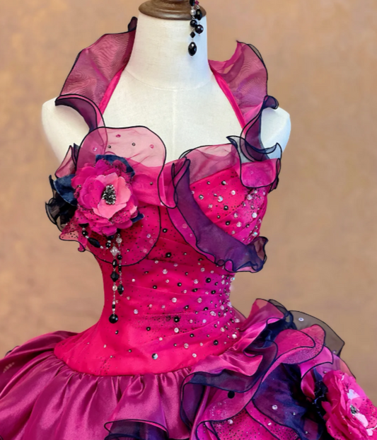 Wunderschönes heißpinkes Sweet 16 Kleid Neckholder Langes Abendkleid Ballkleid Tüll Applikation Abschlussballkleid DP05879